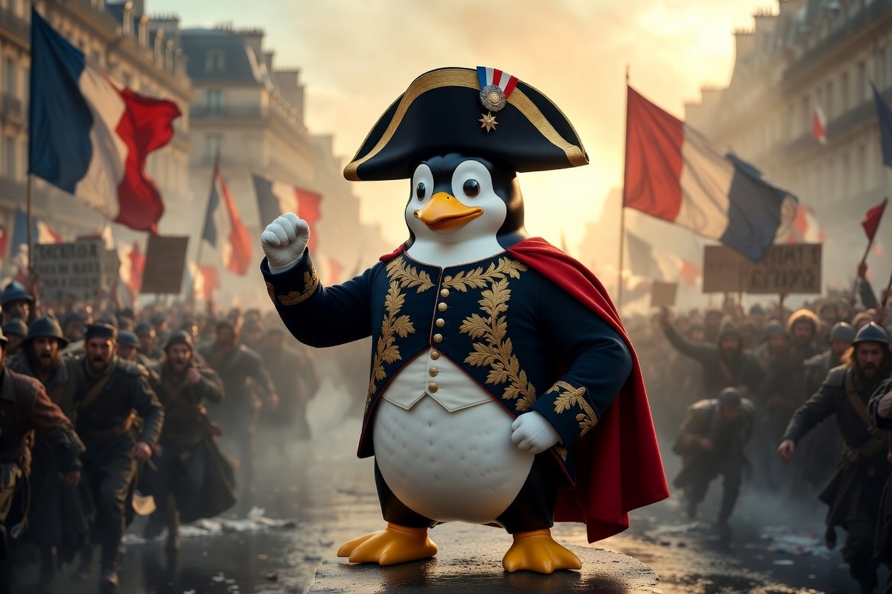 TUX, the penguin mascot, dressed as Napoleon during the French Revolution
